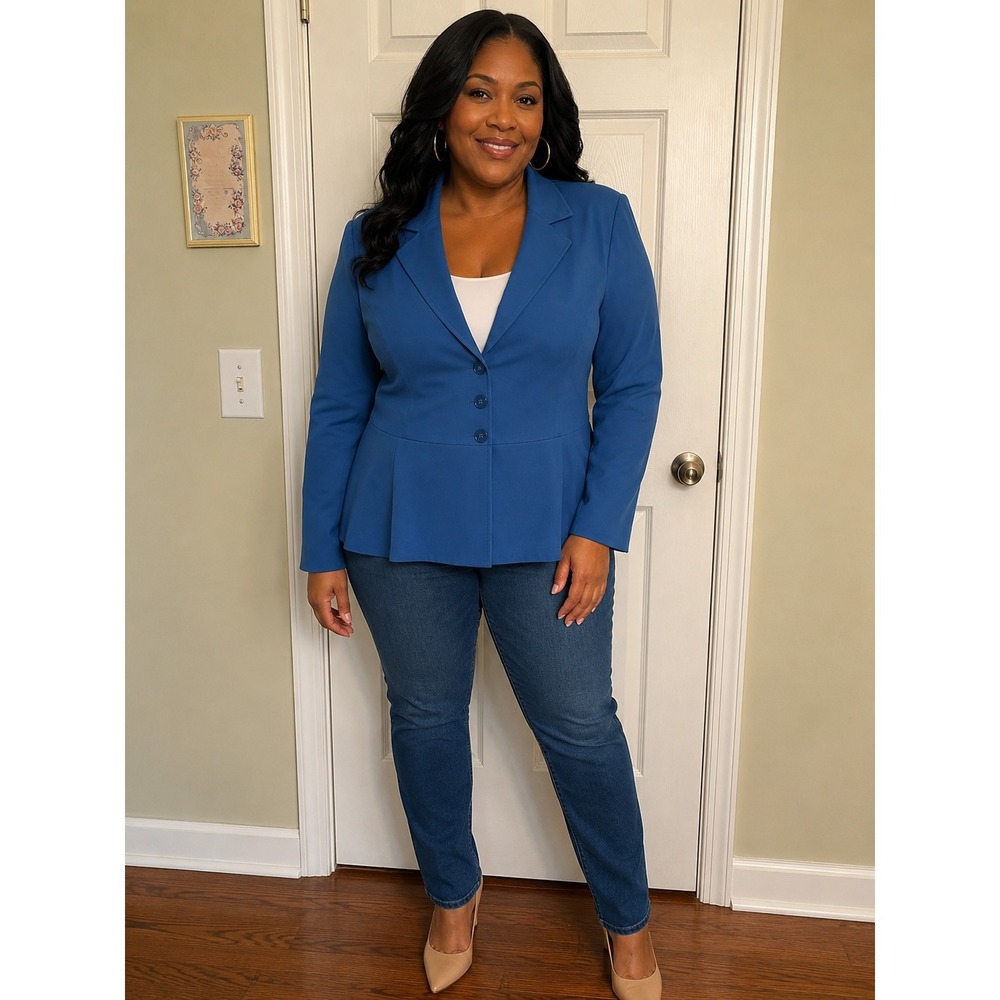 Cato Women 26/28W Blue Blazer Jacket 3 Button Pleaded Bottom Career Plus Size